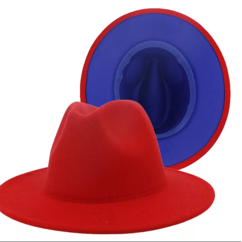 Two Tone Red & Blue Fedora Hat - Picture 3 of 3